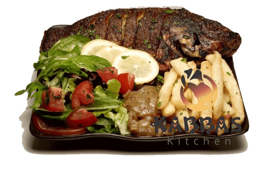 Firire Jeen fried whole tilapia with crispy skin, fries, and side salad