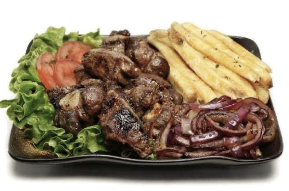 Grilled Dibi — charcoal-grilled protein sliced with onion sauce, fries, and side salad