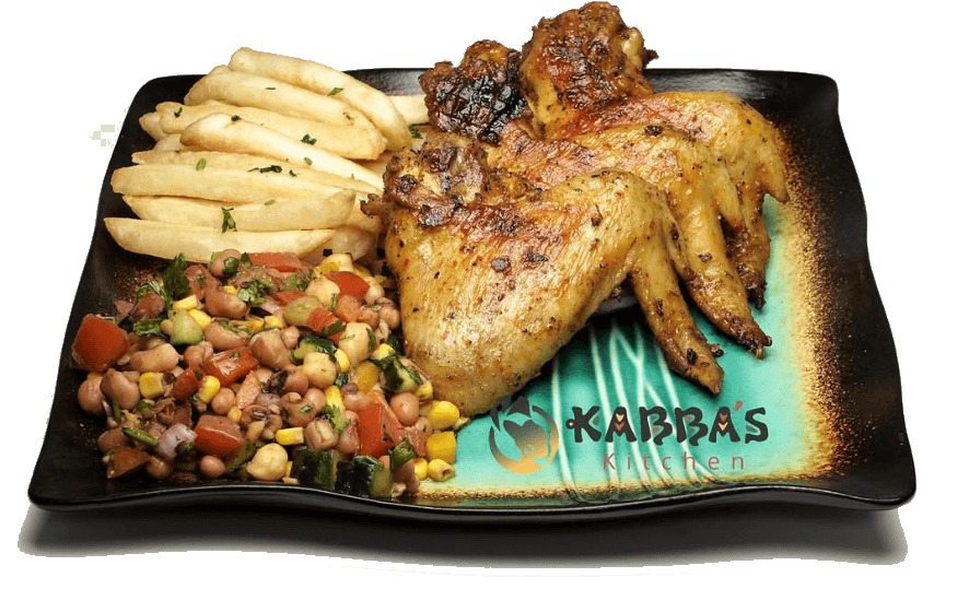 Hot wings with crispy skin, fries, and side salad