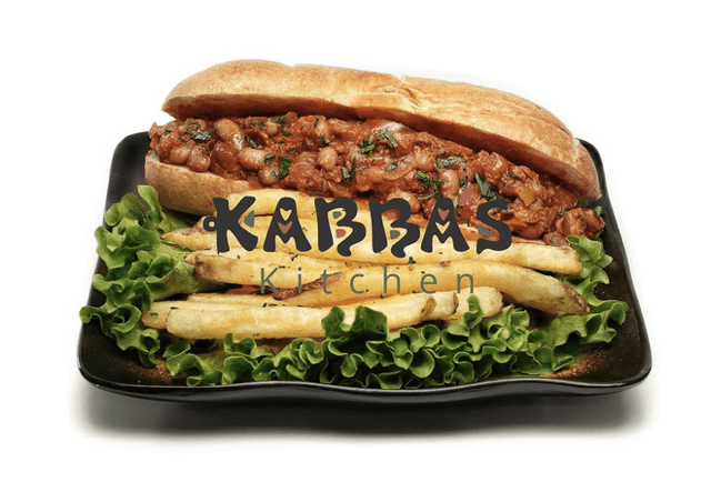 Ndambe sandwich — spicy bean stew on a toasted hoagie roll with fries