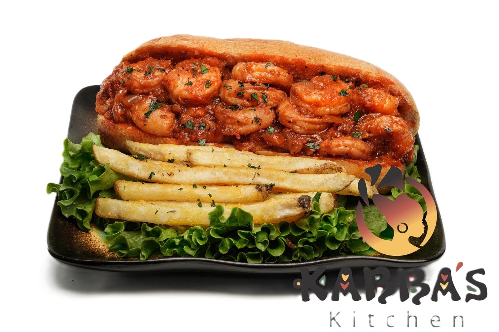 Shrimp sandwich with caramelized onion and tomato on a hoagie roll with fries