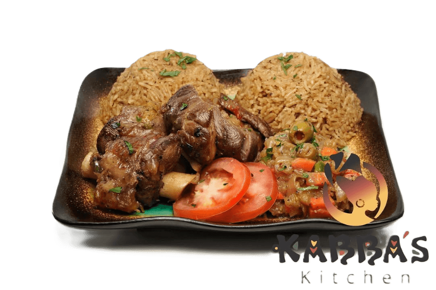 Thiebou Yapp — seasoned jollof rice with braised lamb, onion sauce, and vegetables